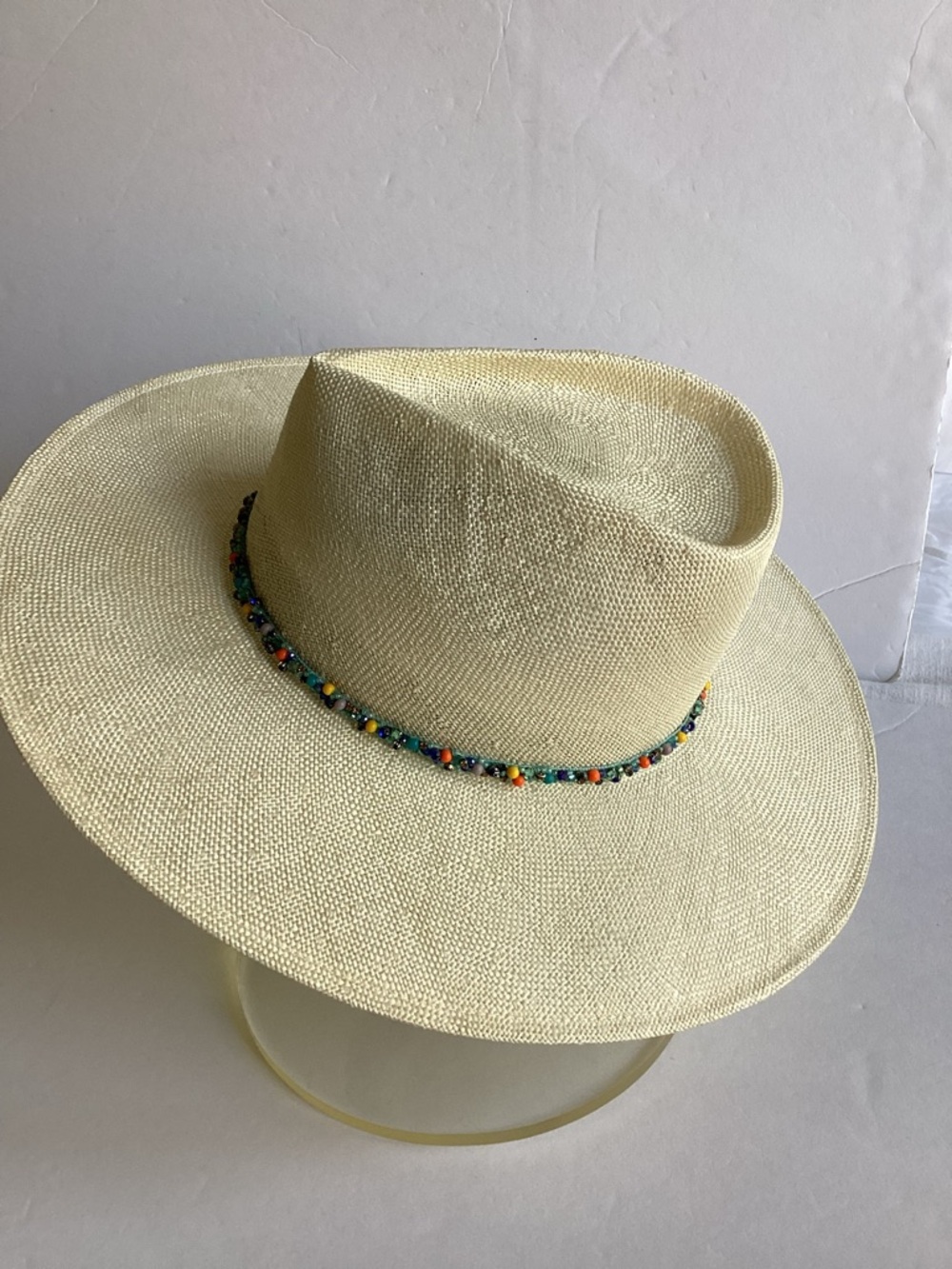 Eugenia Kim Wide Brim Straw Fedora Hat Beaded Band Resort Coastal Chic - Picture 3 of 15